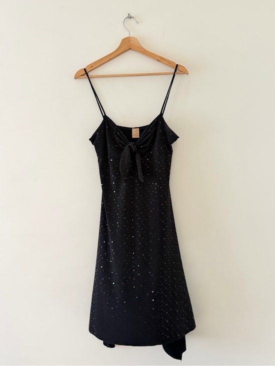 Vintage Dresses & Skirts - Y2K Handkerchief hem Midi Spaghetti Strap Stretchy Fitted Dress Shiny Polka Dot